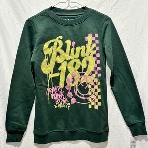 Blink-182 Crewneck Pullover Sweatshirt in Forest Green Yellow & Pink Graphic XXS